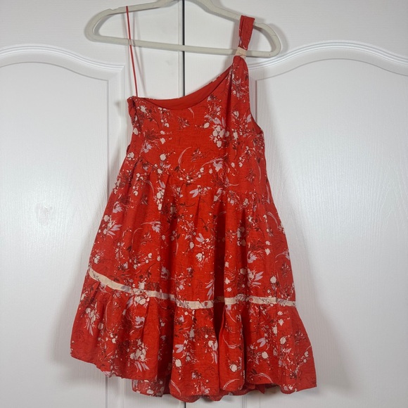 Red One-Shoulder Linen Floral Mini Dress XS Free People Summer Party Festival - Picture 3 of 9
